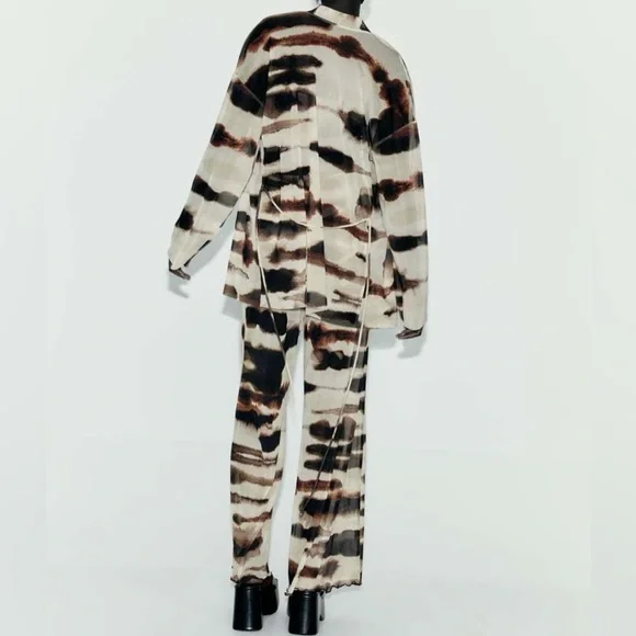 Zara High Waisted Tie Dye Tulle Print Mesh Straight Leg Pants Sz L - Picture 10 of 10